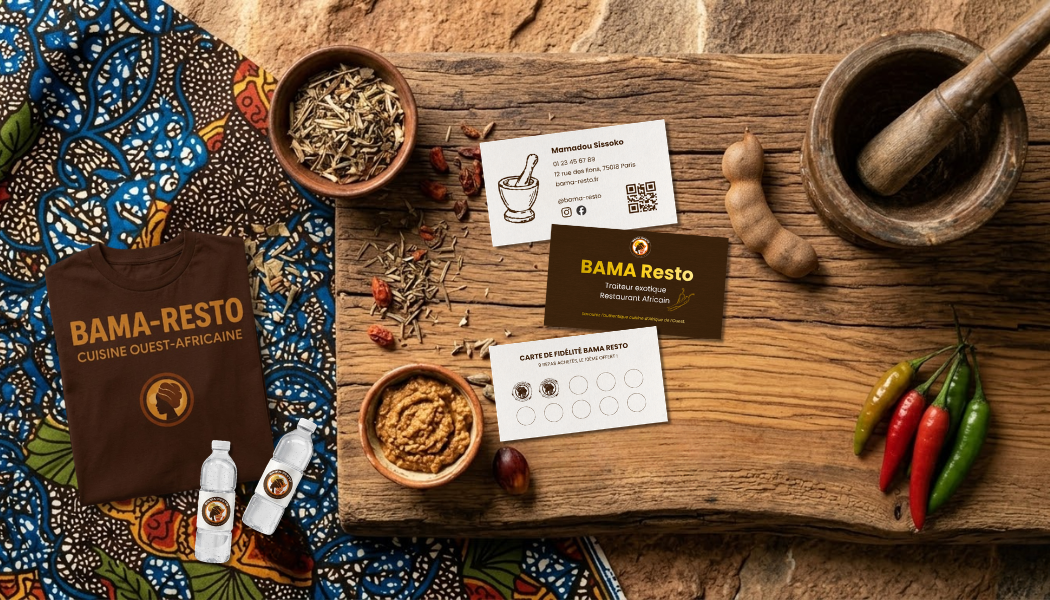 Identité visuelle et supports de communication pour un restaurant ouest-africain à Paris